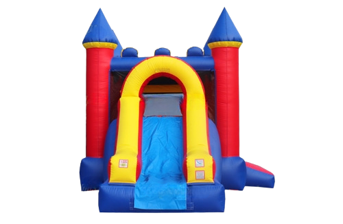 A red yellow and blue bounce house with slide