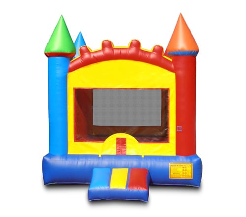 Red & yellow colored bounce house shaped like a castle in Northwest Arkansas