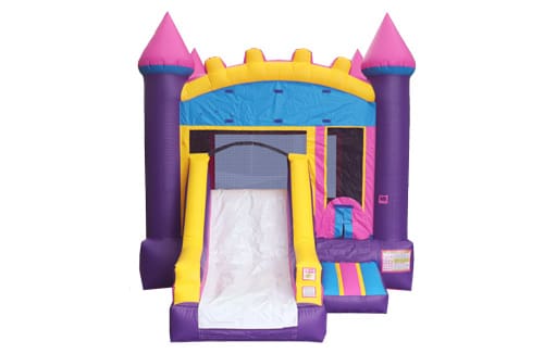 Pink, yellow and purple bounce house with slide attachment in Northwest Arkansas