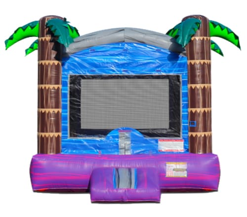 Blue & purple Bounce house with tropical palm trees
